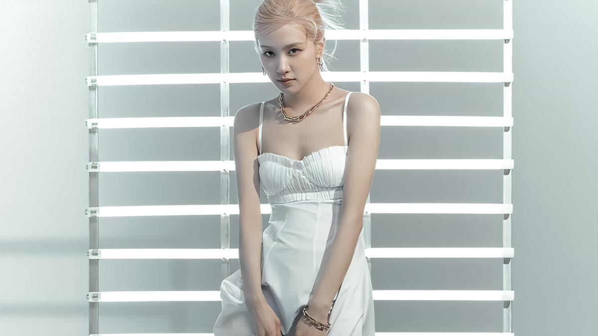 ROSÉ in a white spaghetti-strap gown paired with Tiffany High Jewelry at the 'Blue Book: Hidden Garden' launch event in New York