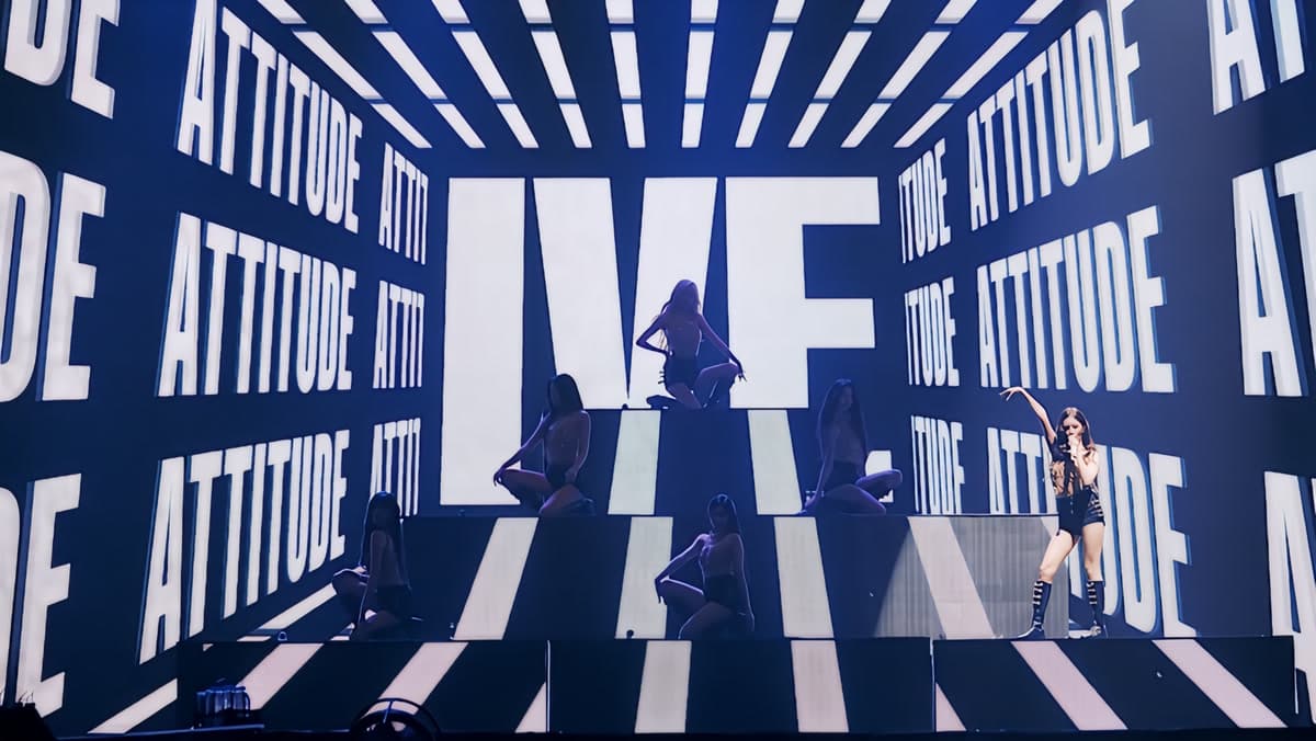 IVE performing on their 'SHOW WHAT I AM' world tour stage — the group makes their Kyocera Dome debut on April 18-19
