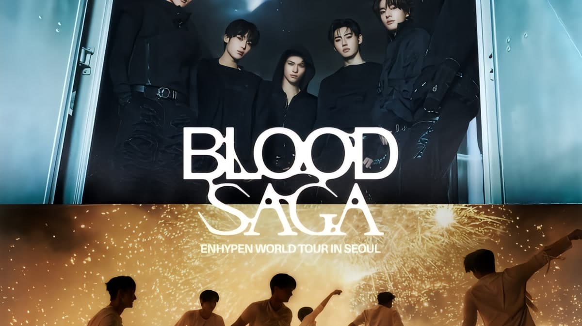 ENHYPEN's official BLOOD SAGA World Tour poster — the group's 4th world tour spanning 21 cities and 30 shows in 2026-2027