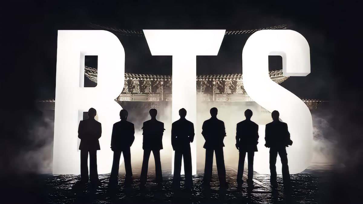 BTS silhouetted against their logo in the official ARIRANG comeback live announcement — BigHit Music