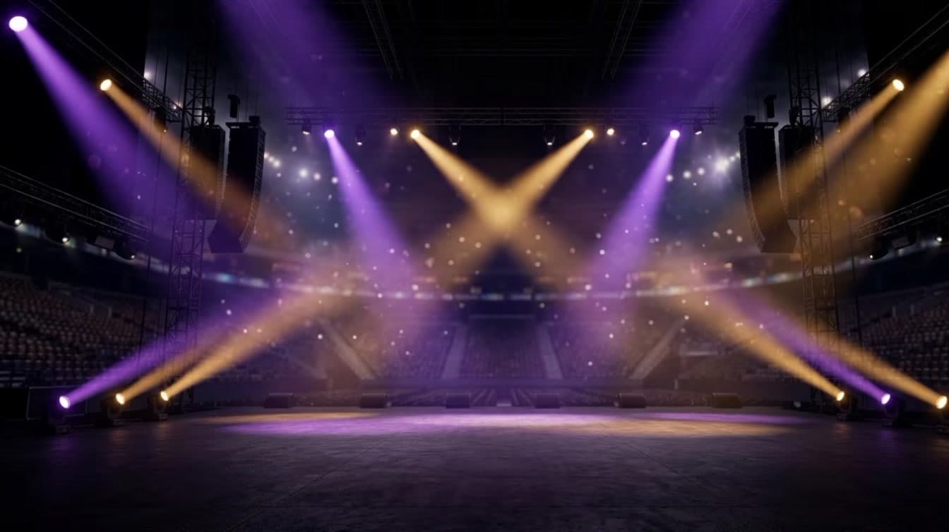 A concert stage illuminated with purple and gold lights, representing BTS's musical energy in 2026