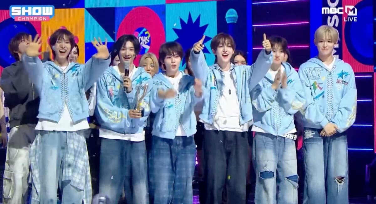 KickFlip celebrating their 'Show! Champion' win for 'I Want to Be Annoying' in April 2026