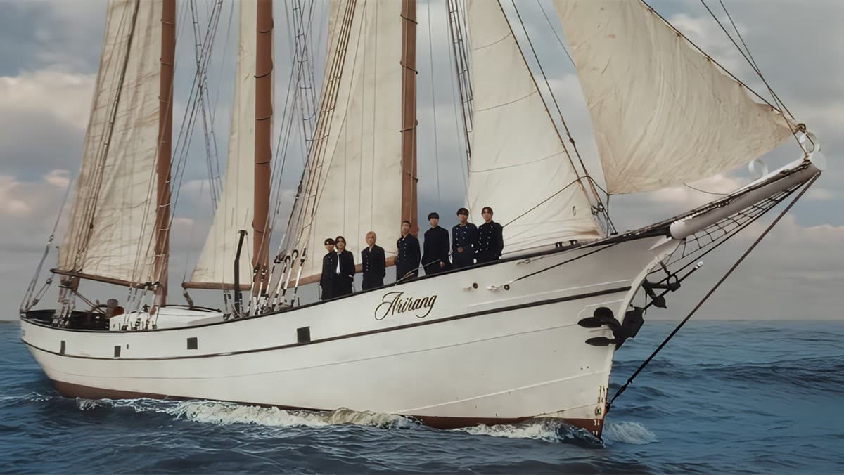 BTS standing on the sailboat "Arirang" — official teaser image for their fifth studio album ARIRANG