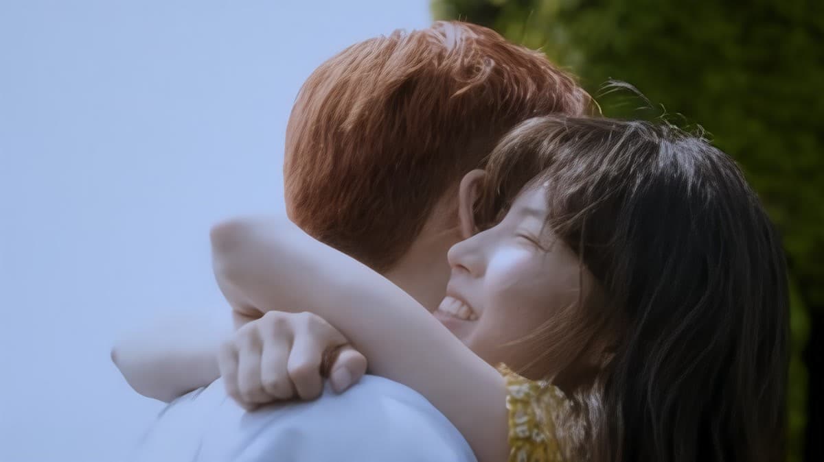 A scene from AKMU's 'Paradise of Rumors' music video featuring Lee Chanhyuk and Ha Ji Su