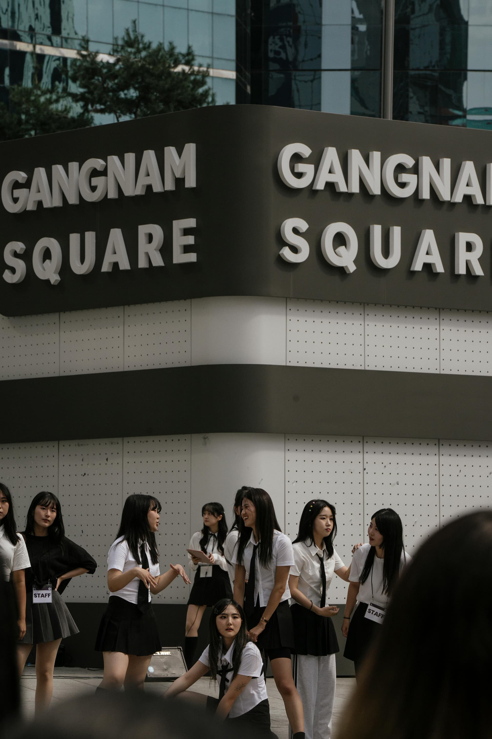 K-pop performers rehearsing at Gangnam Square in Seoul, a symbol of Korea's entertainment hub